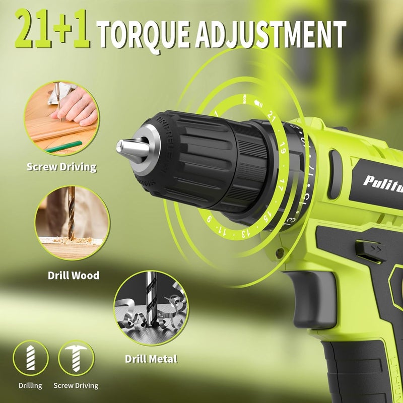 PULITUO 'S 20V Cordless Drill/Driver, Electric Screwdriver - 2 Batteries, 30Nm, 21+1 Torque, 2 Speed, Keyless 3/8" Chase Drill with LED Light, Kit for Home (Green) - Image 5